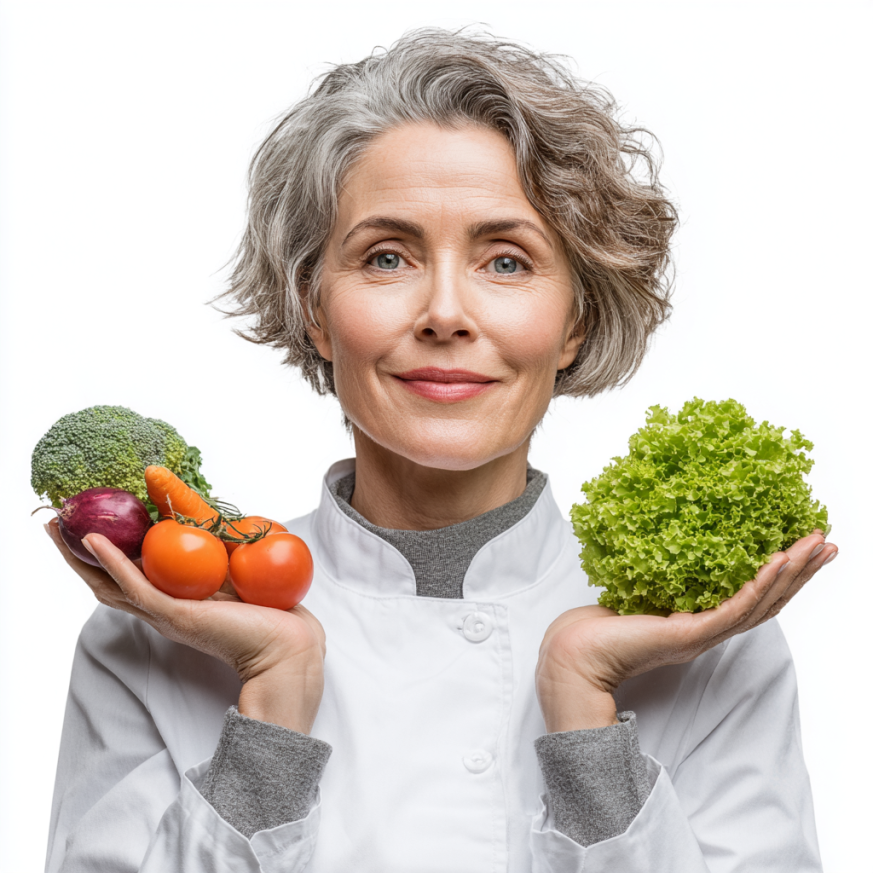 Здорова пожила людина з овочами та фруктами